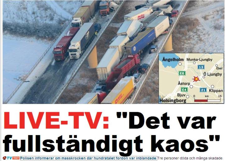 vairāk nekā 100 auto sadursme šodien uz šosejas  Zviedrijā