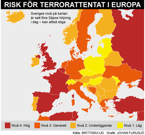 Terora riska līmenis dažādās Eiropas valstīs. Avots: Lielbritānijas Ārlietu ministrija