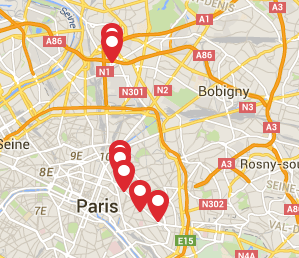 Parīzes karte ar teroristu uzbrukuma vietām 2015. gada 13. novembrī